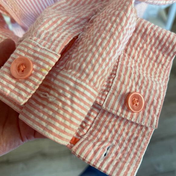 Denim & CO.  size Large Pink & white seer sucker jacket, casual, spring #3767 - Picture 7 of 9